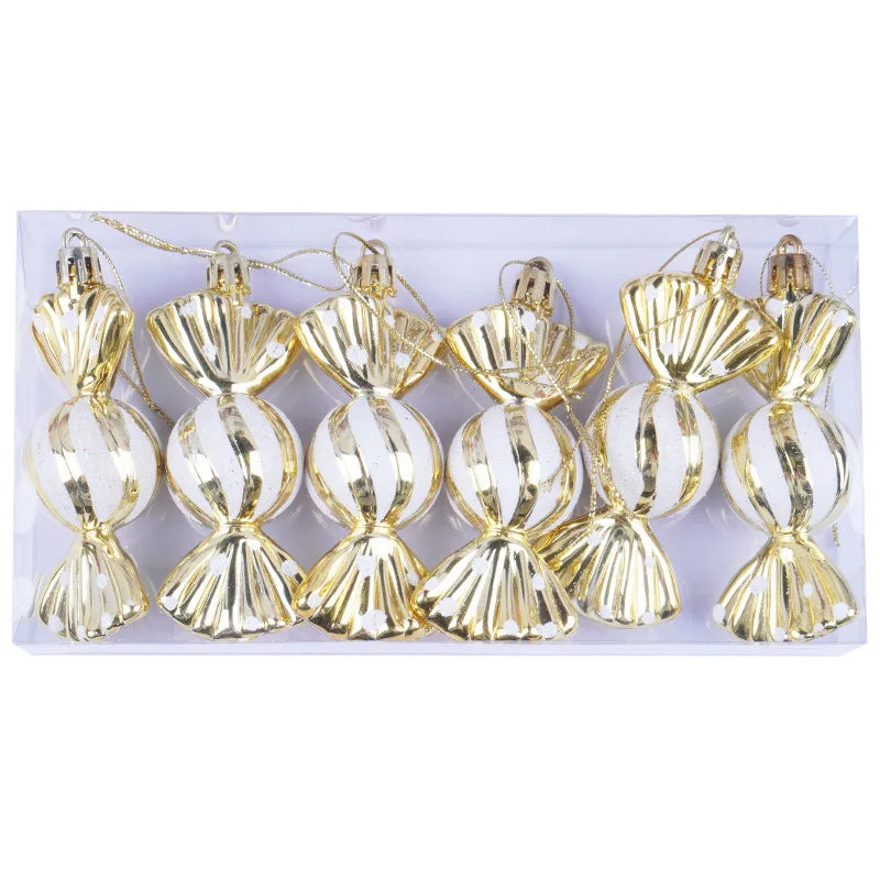 Christmas tree decorations, snowmen, faceless Santa Claus, candy sticks, colorful balls, small houses, Christmas atmosphere deco