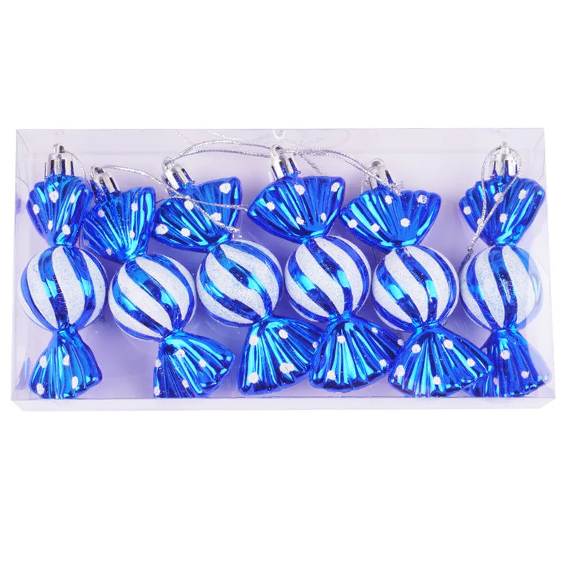 Christmas tree decorations, snowmen, faceless Santa Claus, candy sticks, colorful balls, small houses, Christmas atmosphere deco