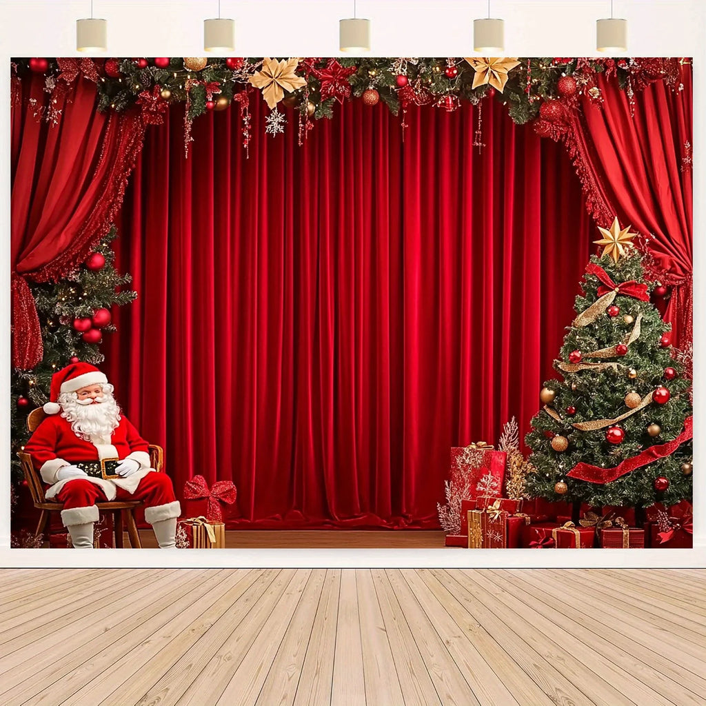 Christmas decorations for the party, Santa Claus and the Christmas tree on the red curtains. Birthdays and weddings
