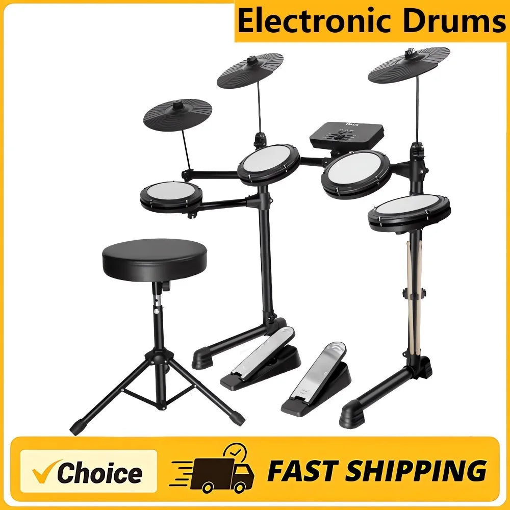 Electronic Drum Set Convenient 4-drum, 3-cymbal all-silicone Electronic Drum Kit 180 tones USB, MIDI, Headphone Interface.