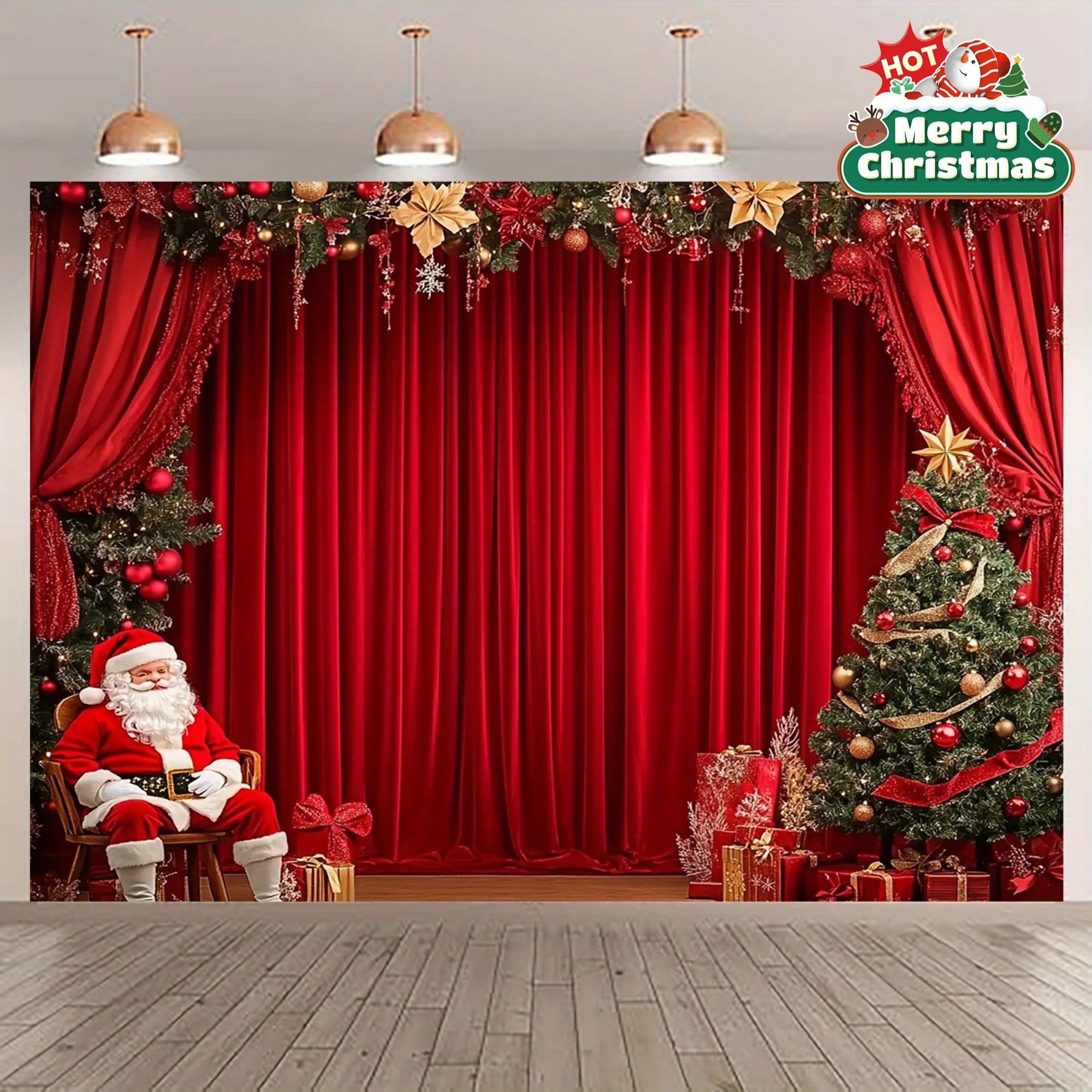 Christmas decorations for the party, Santa Claus and the Christmas tree on the red curtains. Birthdays and weddings
