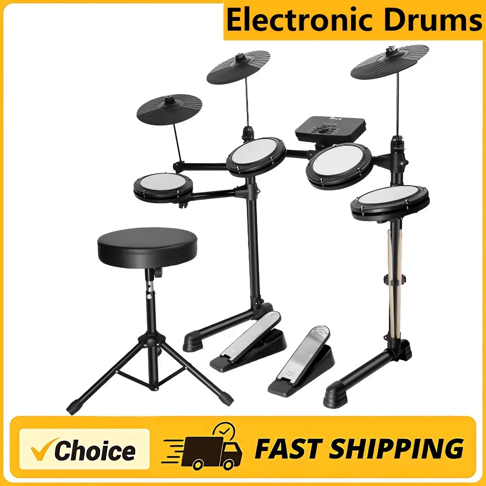 Electronic Drum Set Convenient 4-drum, 3-cymbal all-silicone Electronic Drum Kit 180 tones USB, MIDI, Headphone Interface.