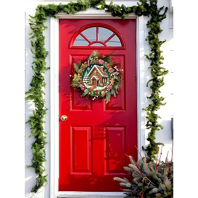 Christmas Wooden Decorations2DRelief Snow House Gingerbread Man Candy Garland Sign For Courtyard Balcony Door Outdoor Home Decor