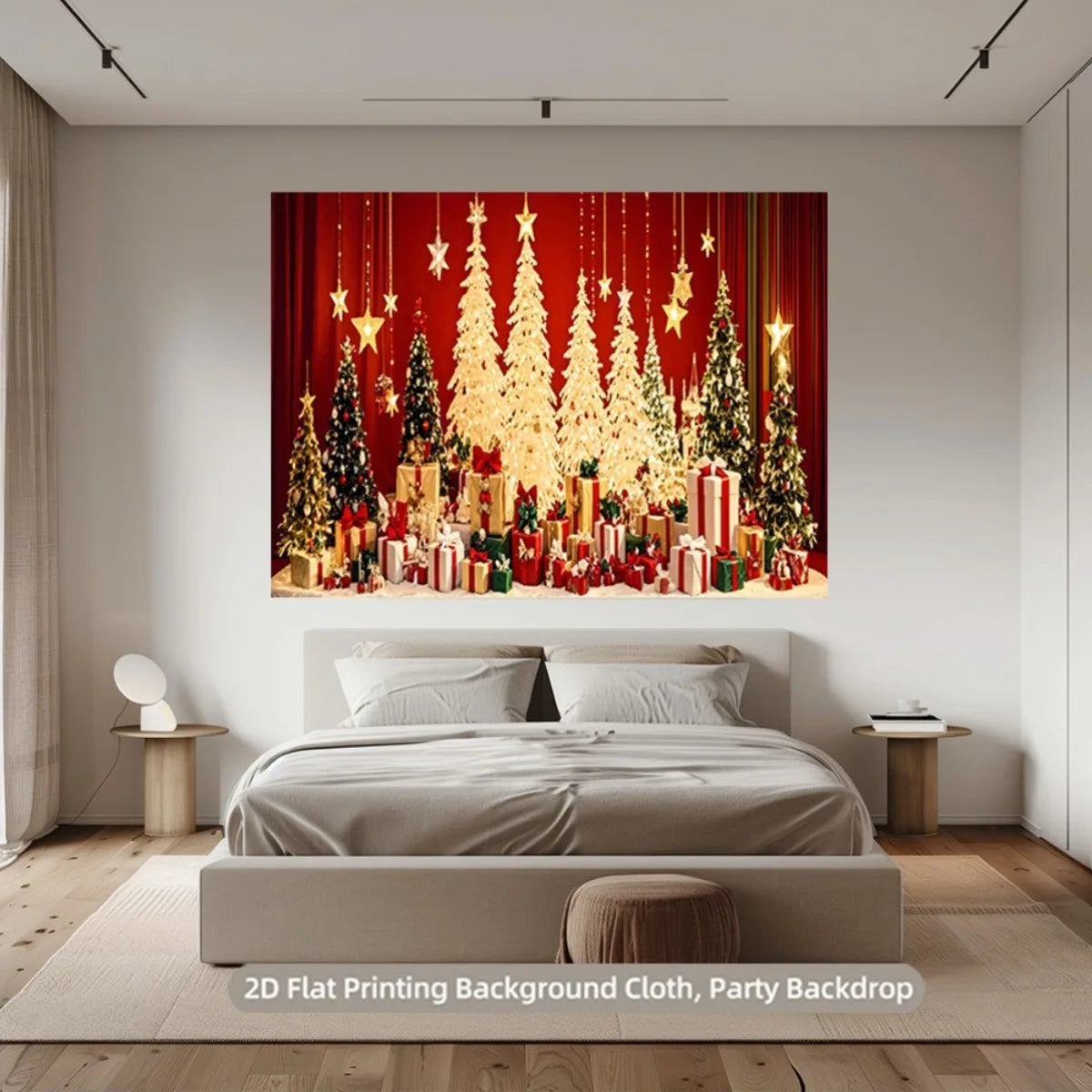 Christmas decorations with bright Christmas trees and colorful gift boxes between the red curtain: Light up the holiday dream
