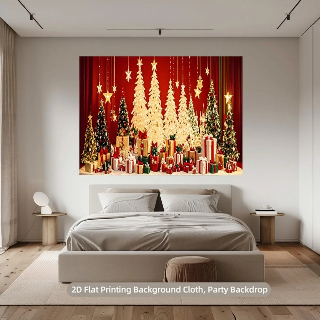 Christmas decorations with bright Christmas trees and colorful gift boxes between the red curtain: Light up the holiday dream