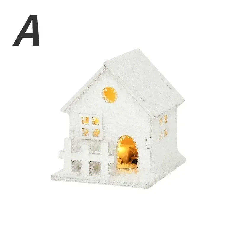 Christmas White Snowflake LED Light Wooden House Xmas Ornament Luminous Cabin Christmas Home Party Decoration