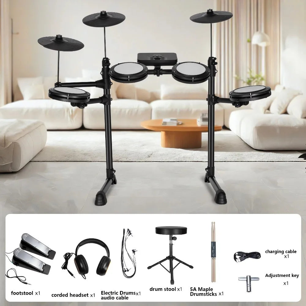 Electronic Drum Set Convenient 4-drum, 3-cymbal all-silicone Electronic Drum Kit 180 tones USB, MIDI, Headphone Interface.