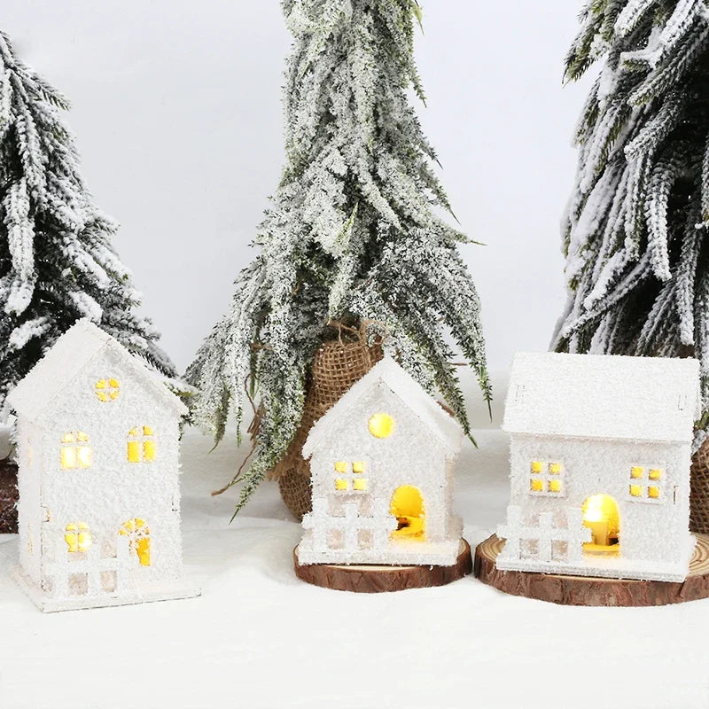 Christmas White Snowflake LED Light Wooden House Xmas Ornament Luminous Cabin Christmas Home Party Decoration