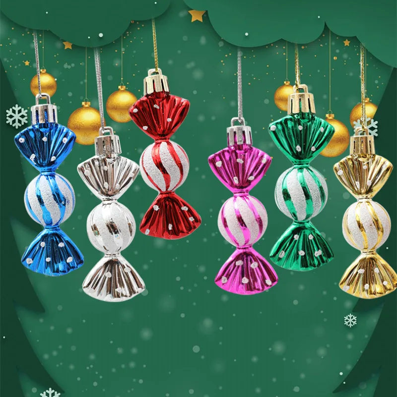 Christmas tree decorations, snowmen, faceless Santa Claus, candy sticks, colorful balls, small houses, Christmas atmosphere deco