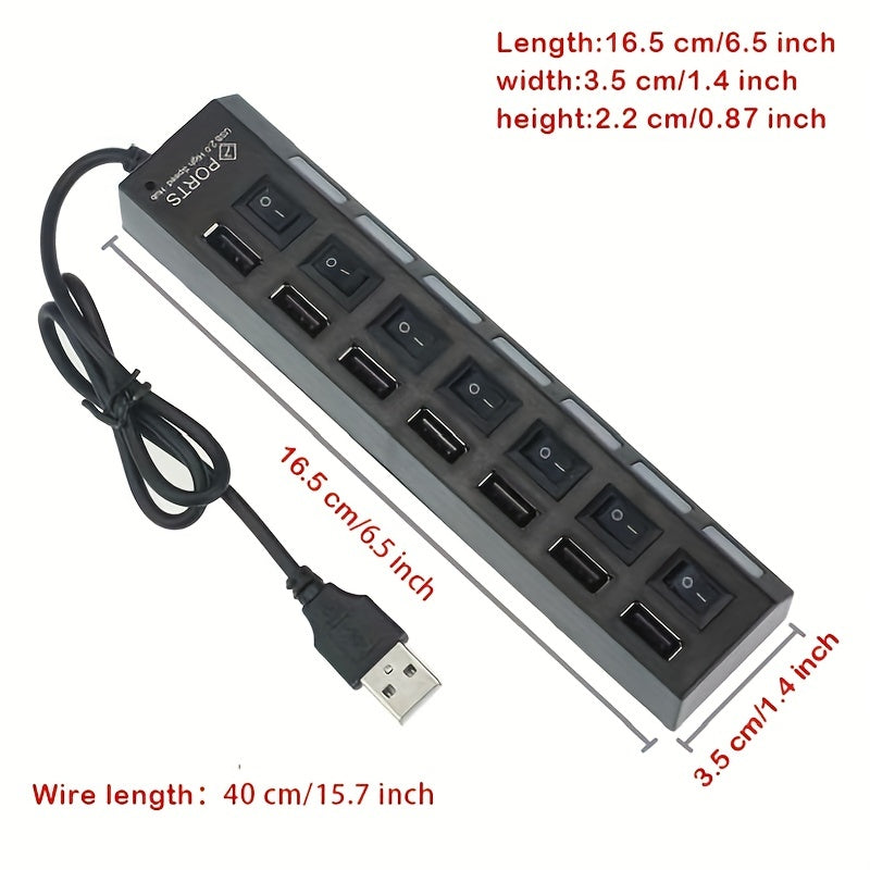 7 Ports LED USB 2.0 Adapter Hub Power On/off Switch For PC Laptop BK