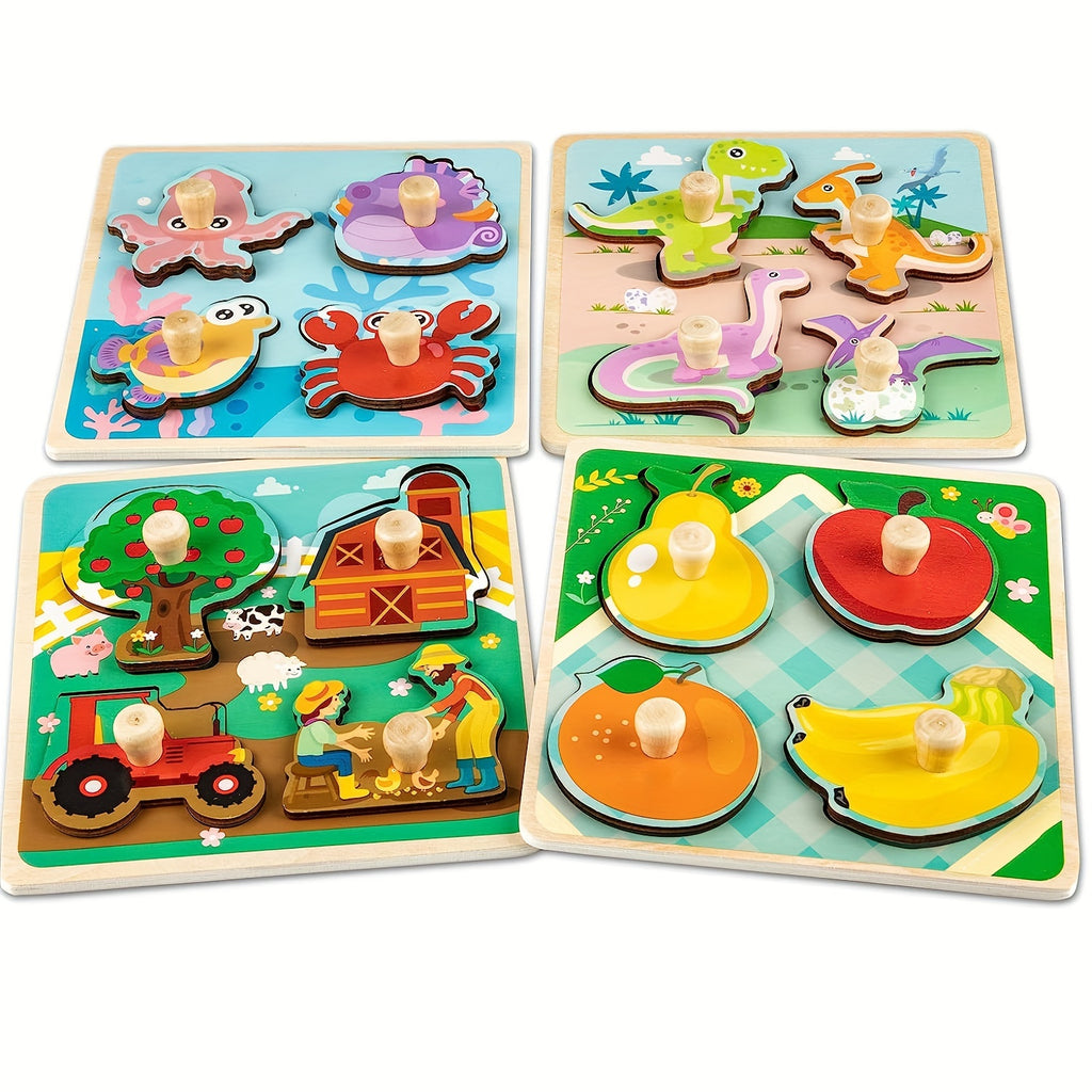 4pcs Wooden Toddler Puzzles, Funsland Peg Puzzles Gifts Toys, Animal Patterns Jigsaw with Handles, Infant Kid Fine Motor Skill Learning Educational Puzzles for 1 2 3 Years Old