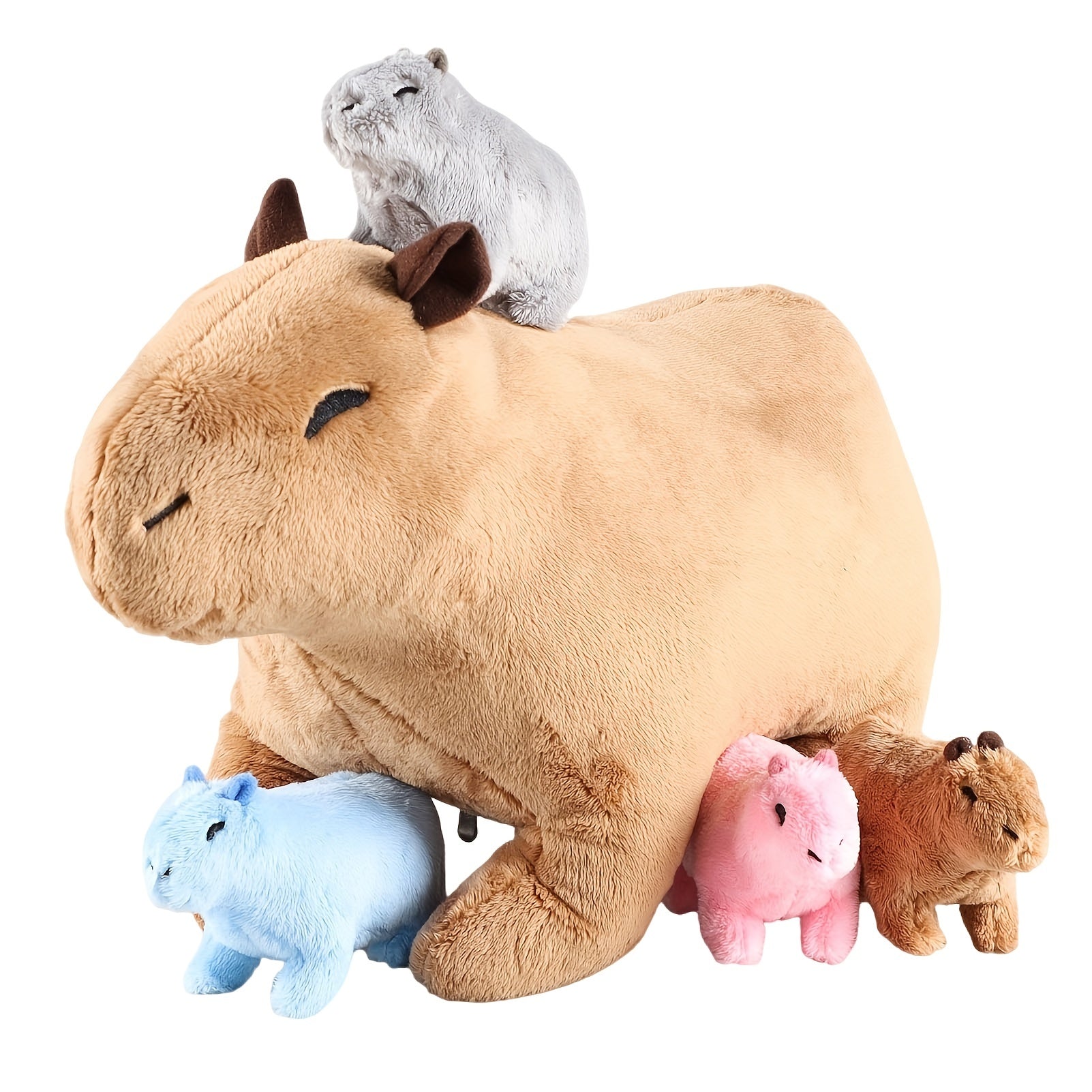 Kawaii Simulation Capybara Stuffed Animal-13.38'' Mommy Stuffed Capybara with 4 Mini Capybara Stuffed Animals Inside Zipper Tummy, Stuffed Simulation Capybara Toys for Kid Christmas