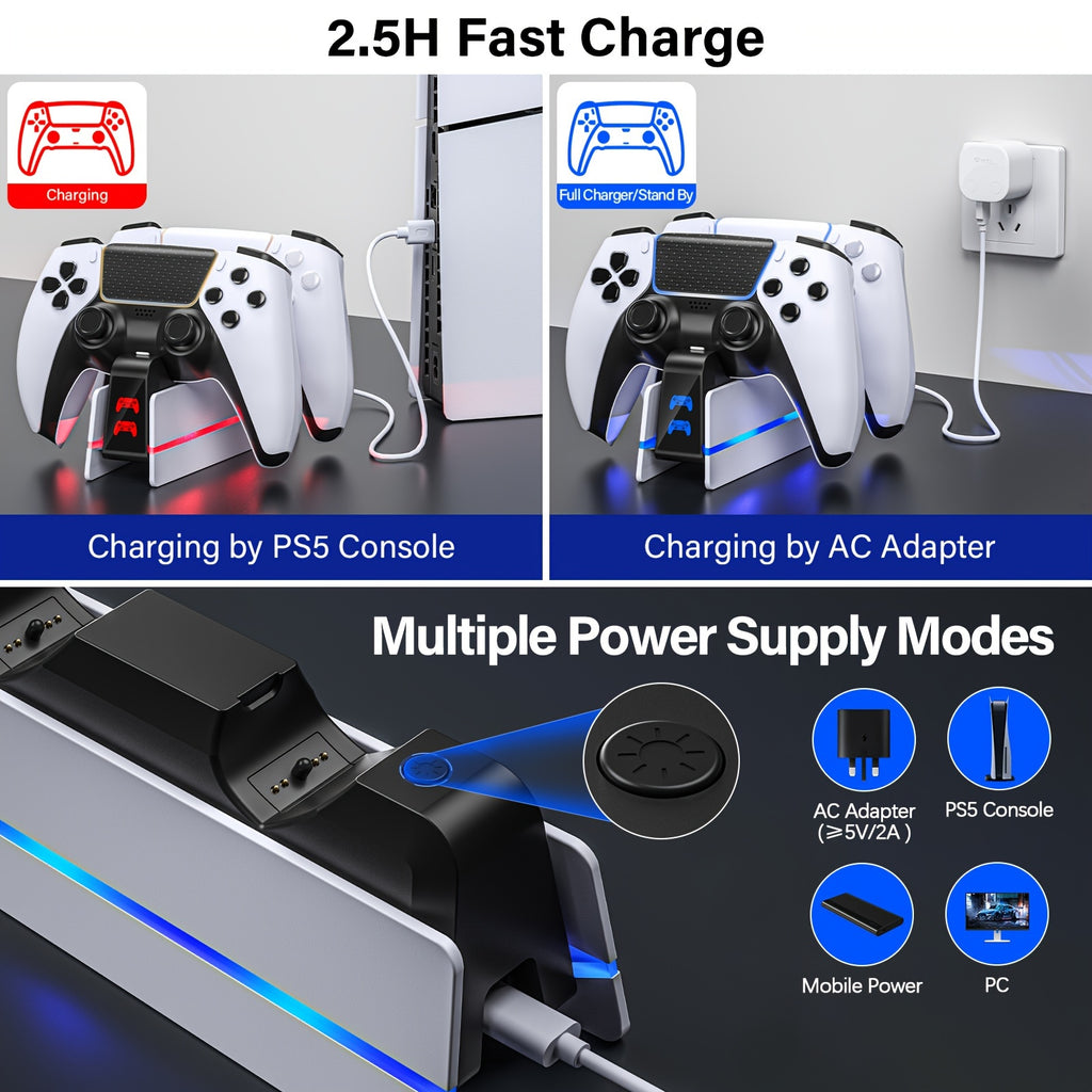 Charger Station For PS5 Dualsense Controller/DualSense Edge Controller, RGB Charging Stand For Playstation 5/ PS5 Slim/ PS5 Pro Controller, Fast Dual Charging For Wireless Controller, Christmas Gift