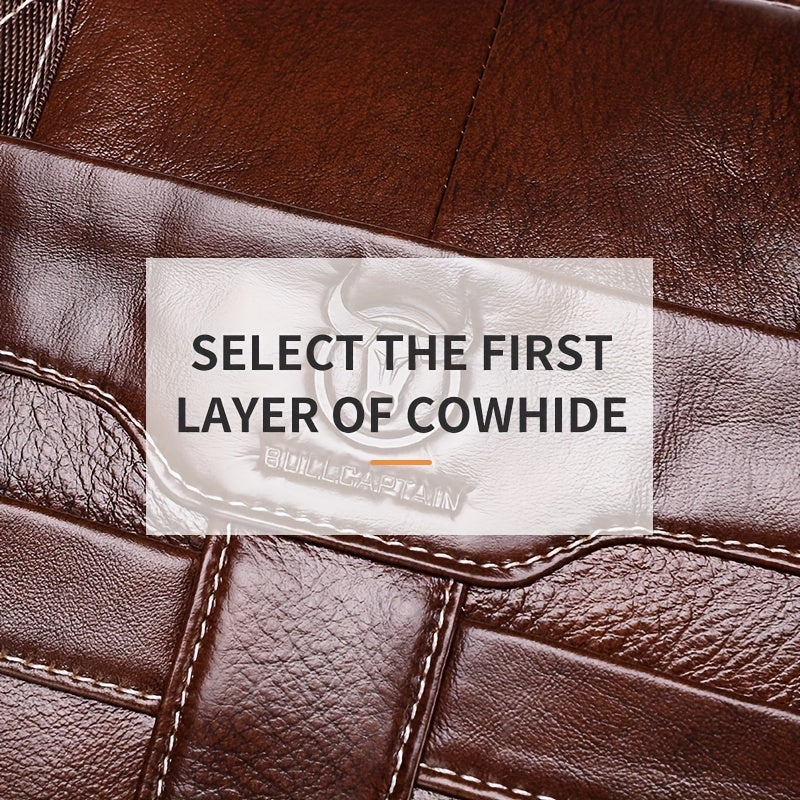 1pc BULLCAPTAIN Genuine Leather Briefcase for Men, Casual Style with Embossed Detail, Removable Adjustable Strap, Laptop & Device Compartments, Lightweight Business Messenger Bag with Zip Closure, Polyester Lined, for Office,