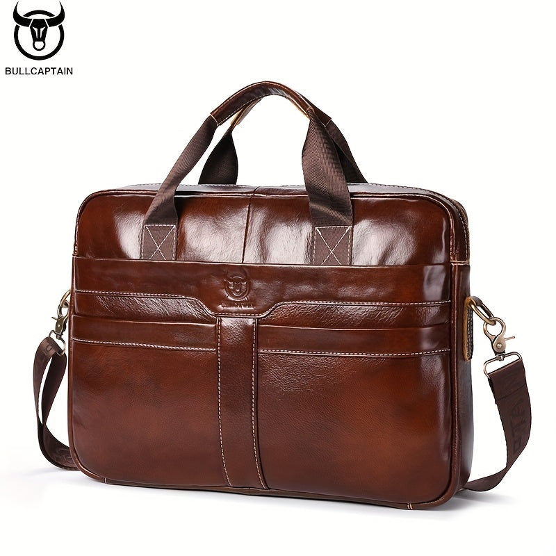 1pc BULLCAPTAIN Genuine Leather Briefcase for Men, Casual Style with Embossed Detail, Removable Adjustable Strap, Laptop & Device Compartments, Lightweight Business Messenger Bag with Zip Closure, Polyester Lined, for Office,