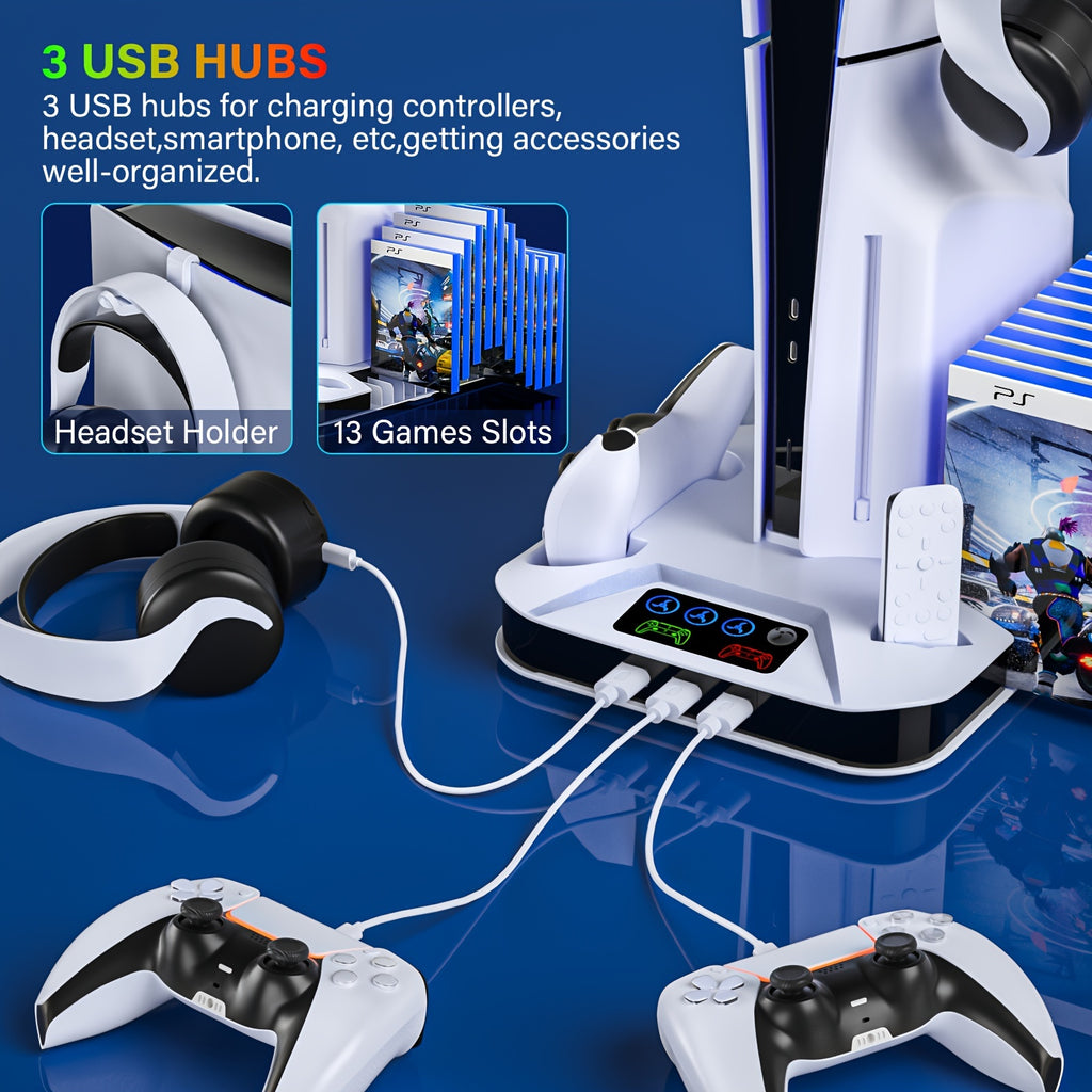 Cooling Base for PS5/PS5 Slim with Handle Charging Function, Suitable for PlayStation 5 Slim and Standard Models of Game Discs/Digitizers, Includes Cooling Fan, 3 USB Hubes, Headphone Hooks, Screws