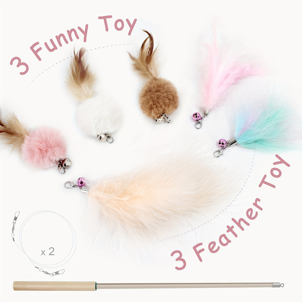 7pcs SONGWAY Cat Interactive Feather Toys Set - Retractable Cat Wand Toy, Cat Feather Toys With Bell, Replaceable Cat Feather Tail Toy - For Indoor Cats - For Kitten & Adult Cats -  Interactive Play & Exercise - Perfect Gift