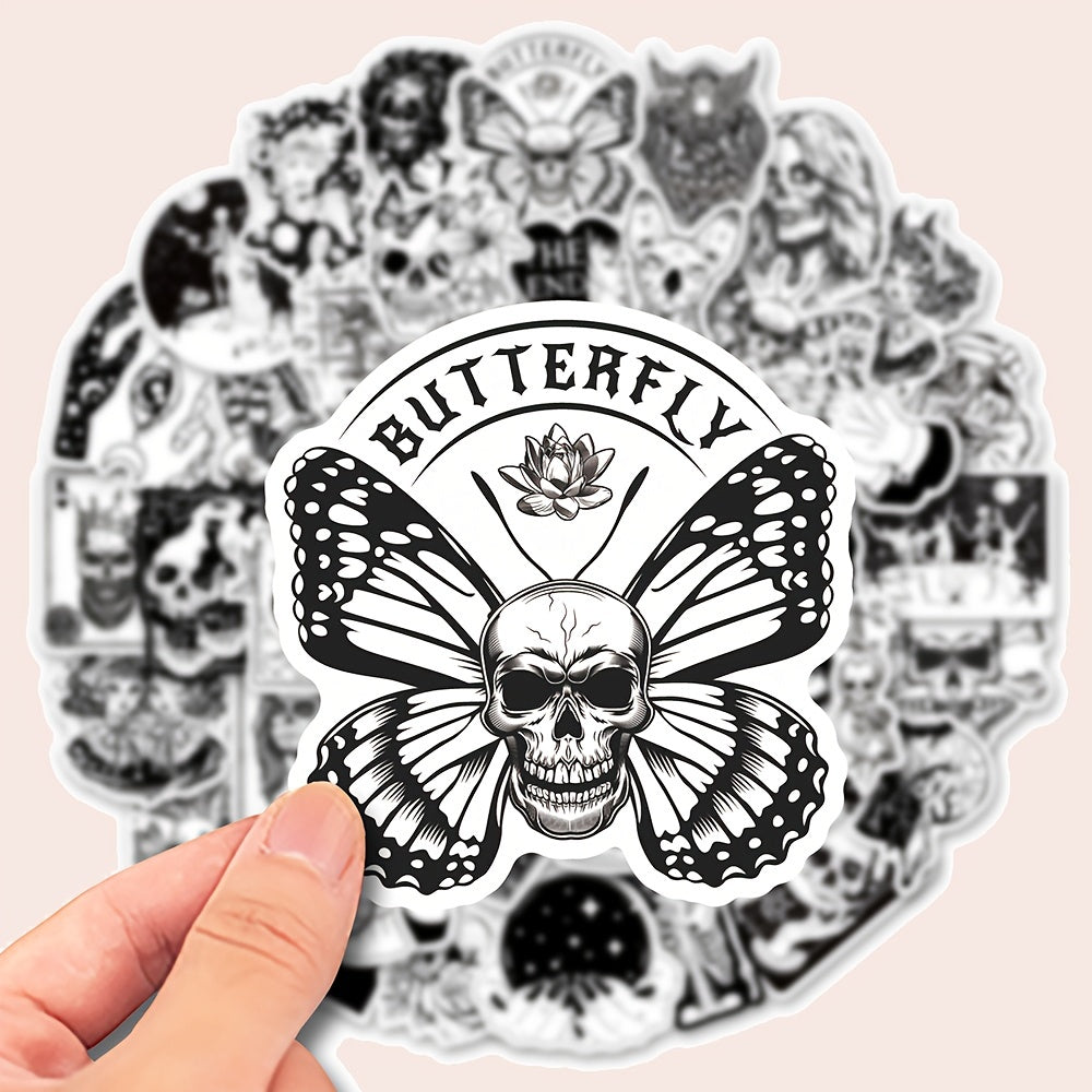 50pcs Gothic Stickers, Black And White Stickers For Motorcycle, Laptop, Water Bottle, Waterproof Stickers, Mobile Phones, Computers, Suitcases, Car Cartoon Accessories, Halloween Gift Stickers