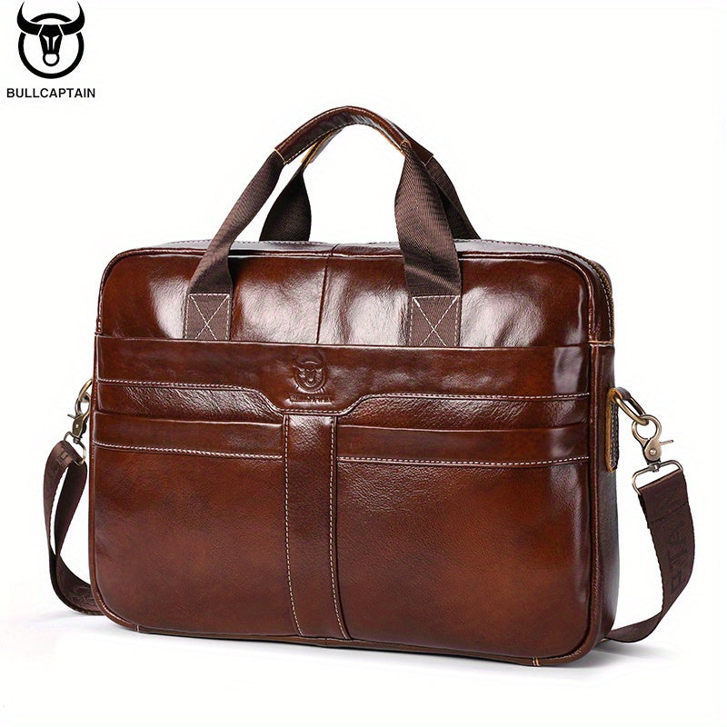 1pc BULLCAPTAIN Genuine Leather Briefcase for Men, Casual Style with Embossed Detail, Removable Adjustable Strap, Laptop & Device Compartments, Lightweight Business Messenger Bag with Zip Closure, Polyester Lined, for Office,