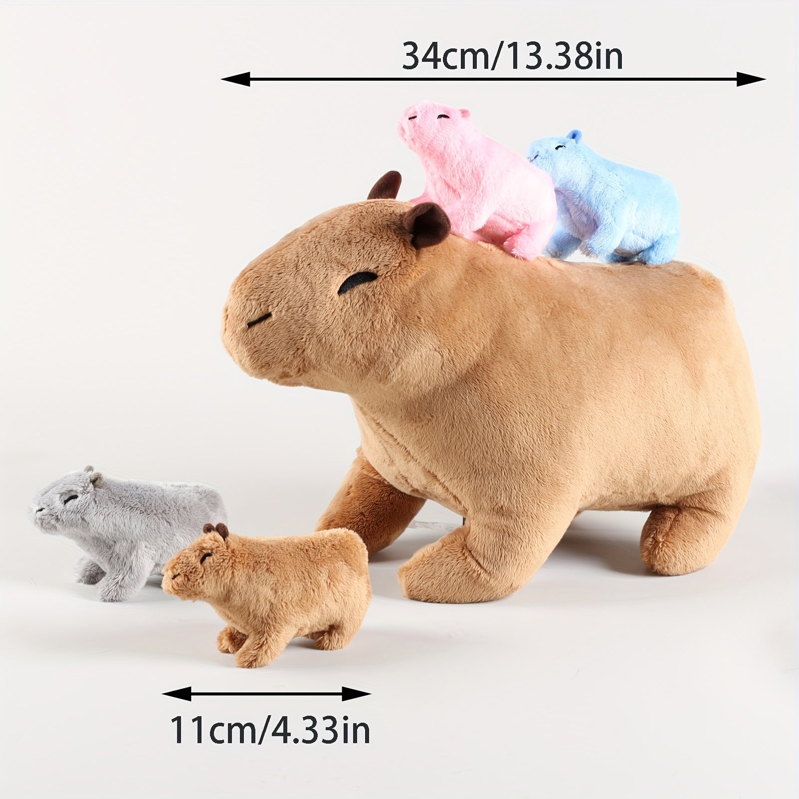 Kawaii Simulation Capybara Stuffed Animal-13.38'' Mommy Stuffed Capybara with 4 Mini Capybara Stuffed Animals Inside Zipper Tummy, Stuffed Simulation Capybara Toys for Kid Christmas