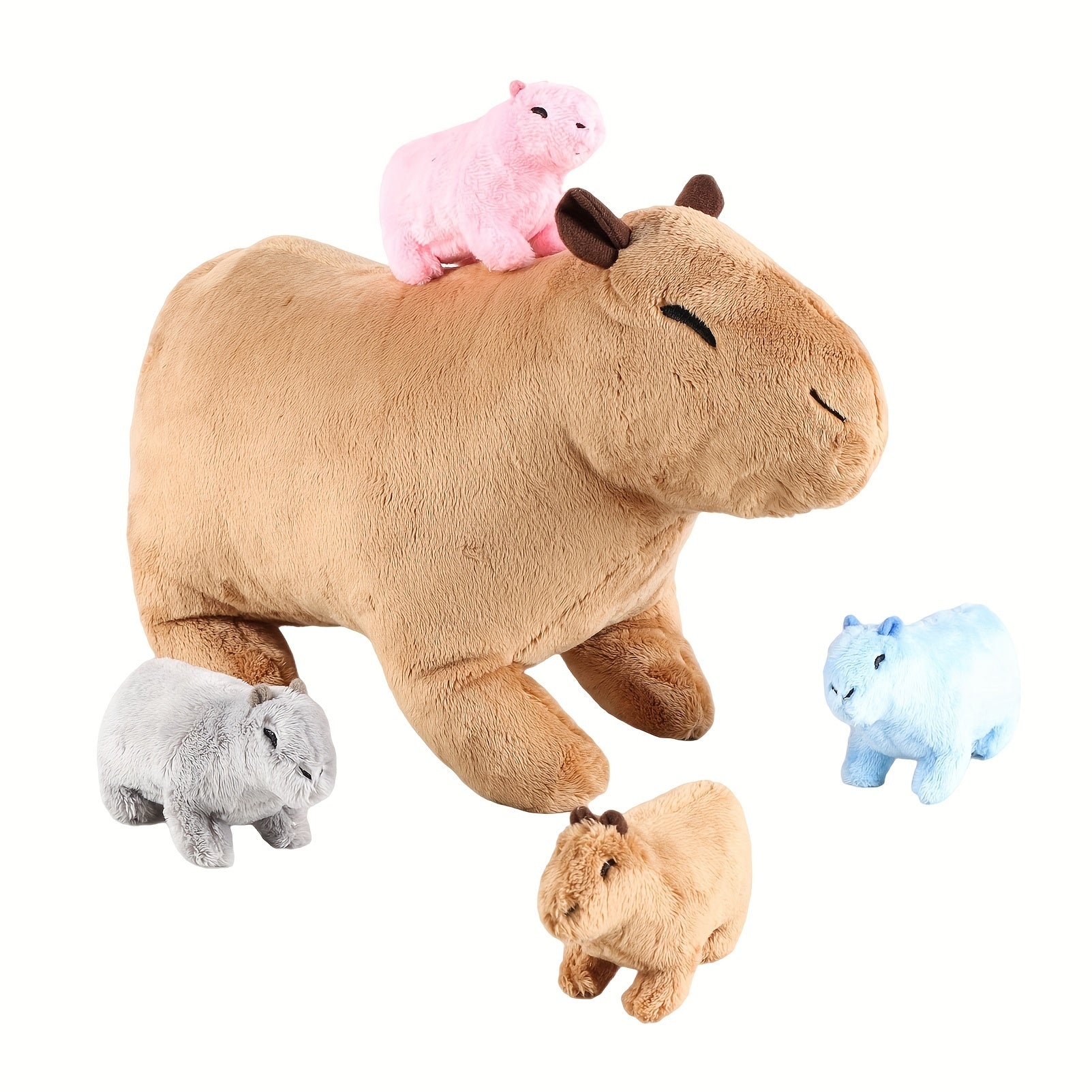Kawaii Simulation Capybara Stuffed Animal-13.38'' Mommy Stuffed Capybara with 4 Mini Capybara Stuffed Animals Inside Zipper Tummy, Stuffed Simulation Capybara Toys for Kid Christmas