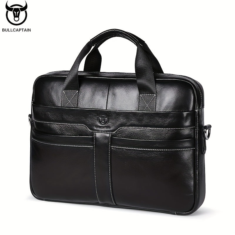 1pc BULLCAPTAIN Genuine Leather Briefcase for Men, Casual Style with Embossed Detail, Removable Adjustable Strap, Laptop & Device Compartments, Lightweight Business Messenger Bag with Zip Closure, Polyester Lined, for Office,