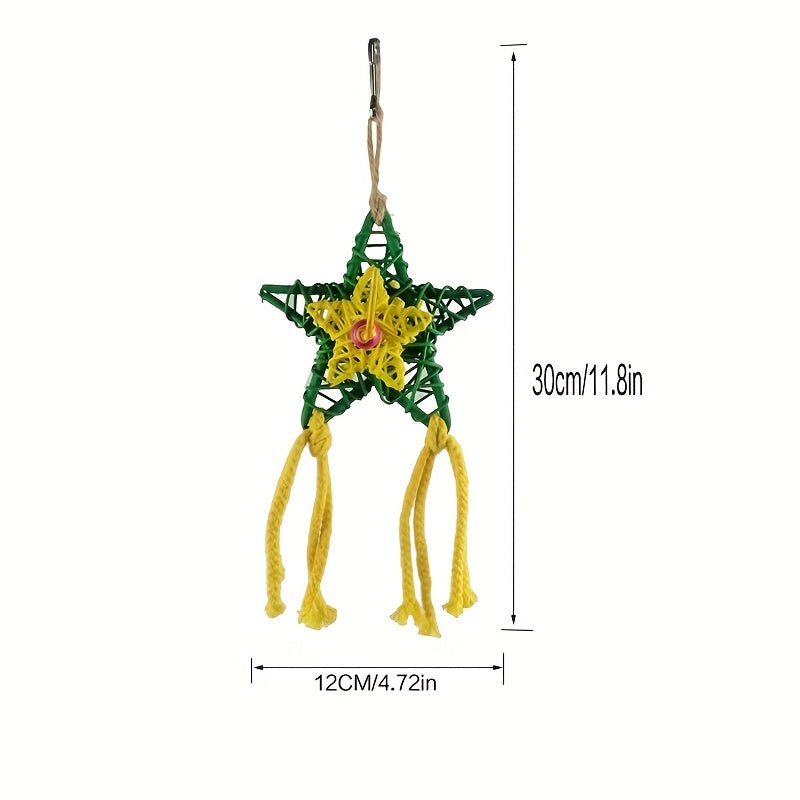 3pcs Vibrant Parrot Chew Toys with Natural Woven Perch - Colorful Hanging Cage Accessories for Macaws, African Greys & Large Birds - Includes Bell-Adorned Star & Cylindrical Toys, Random Colors, Bird Toys