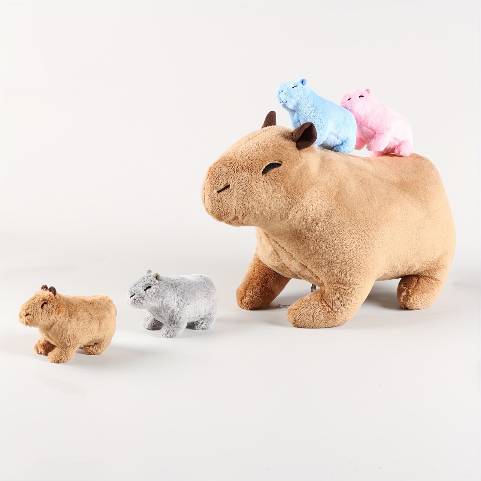 Kawaii Simulation Capybara Stuffed Animal-13.38'' Mommy Stuffed Capybara with 4 Mini Capybara Stuffed Animals Inside Zipper Tummy, Stuffed Simulation Capybara Toys for Kid Christmas