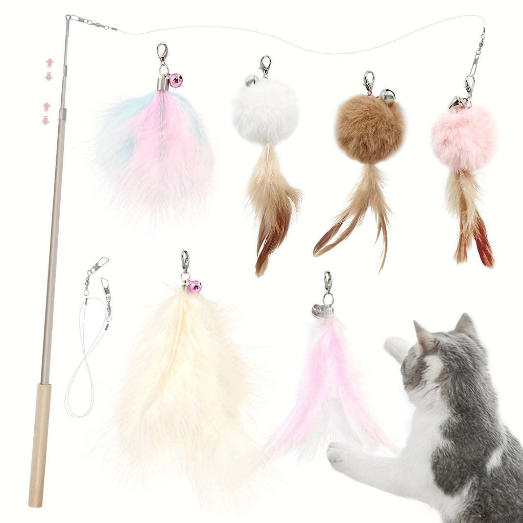 7pcs SONGWAY Cat Interactive Feather Toys Set - Retractable Cat Wand Toy, Cat Feather Toys With Bell, Replaceable Cat Feather Tail Toy - For Indoor Cats - For Kitten & Adult Cats -  Interactive Play & Exercise - Perfect Gift