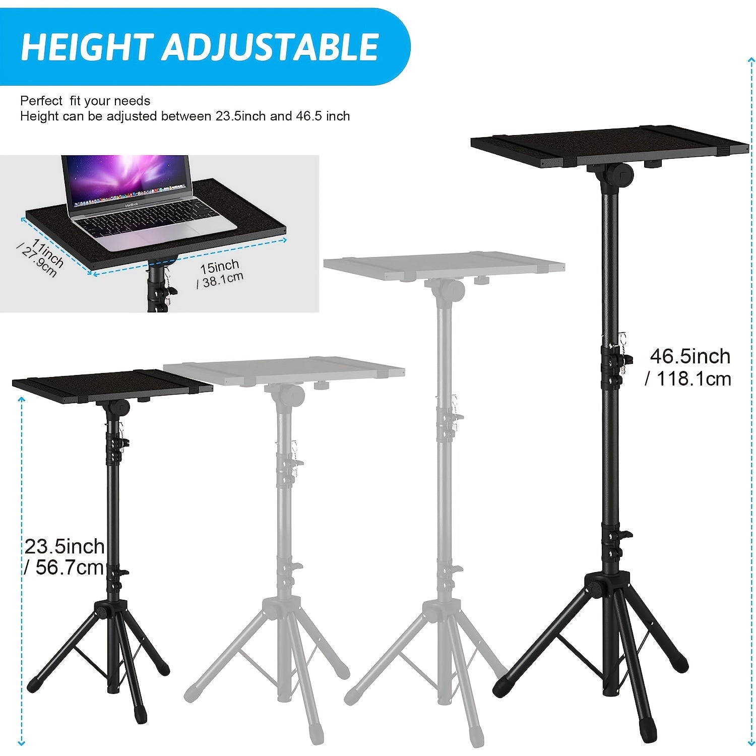 Height Adjustable 1pc Projector Stand Tripod From 23.5" To 46.5" With Gooseneck Phone Holder, Laptop Floor Stand