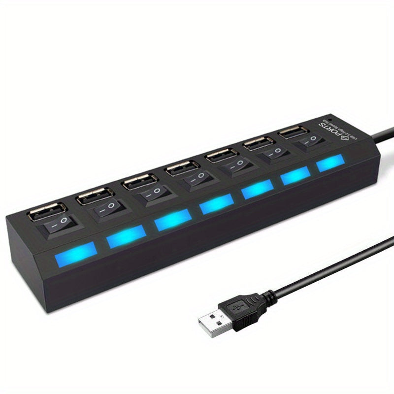 7 Ports LED USB 2.0 Adapter Hub Power On/off Switch For PC Laptop BK