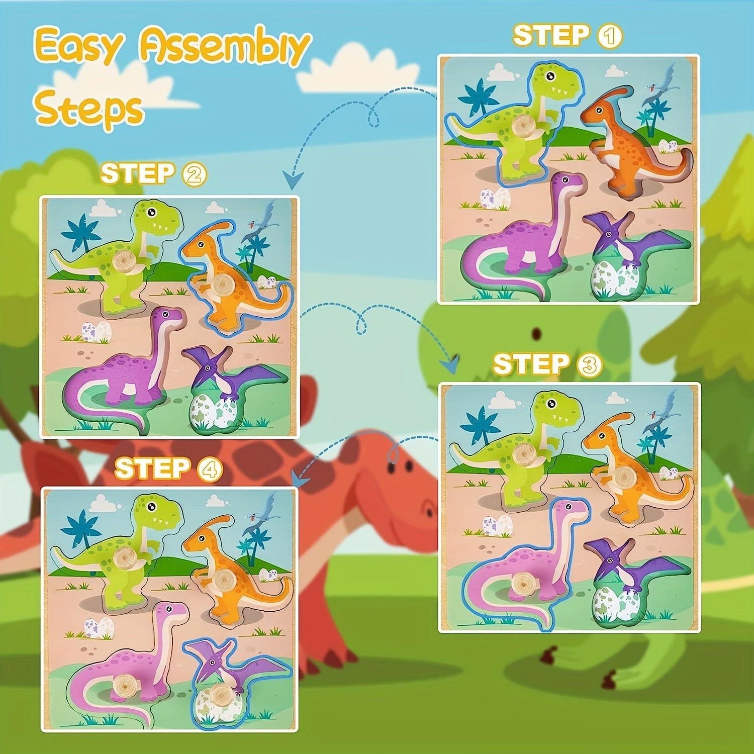 4pcs Wooden Toddler Puzzles, Funsland Peg Puzzles Gifts Toys, Animal Patterns Jigsaw with Handles, Infant Kid Fine Motor Skill Learning Educational Puzzles for 1 2 3 Years Old