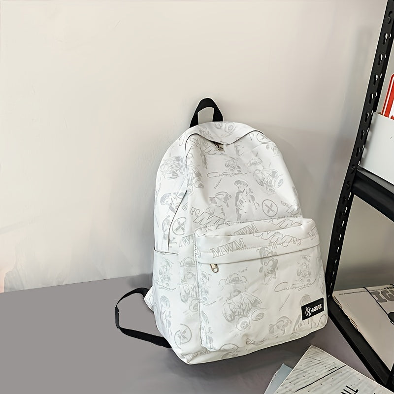 Reflective Graffiti-Style Large Capacity Backpack - Durable Nylon, Casual College & High School Bag with Laptop Compartment, Hand-Washable, Black with White & Gray Graphics, Backpack for School