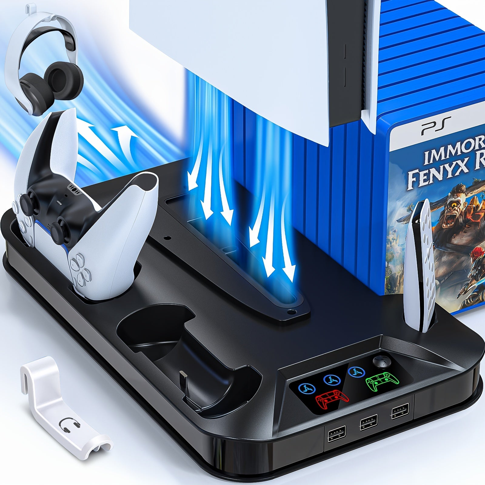 Cooling Base for PS5/PS5 Slim with Handle Charging Function, Suitable for PlayStation 5 Slim and Standard Models of Game Discs/Digitizers, Includes Cooling Fan, 3 USB Hubes, Headphone Hooks, Screws