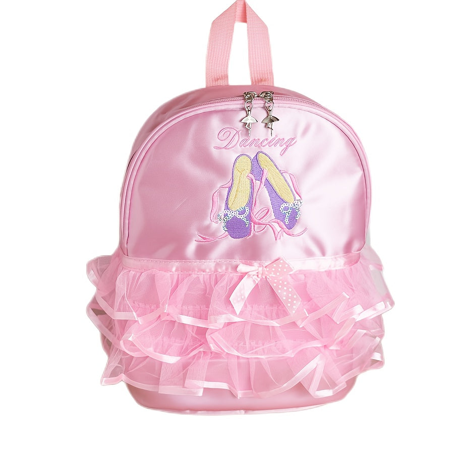 Chic Magenta Ballet Dance Backpack with Embroidered Shoes & Bow Detail - Lightweight, Foldable Nylon School Bag with Adjustable Straps, Zip Closure, and Laptop Compartment