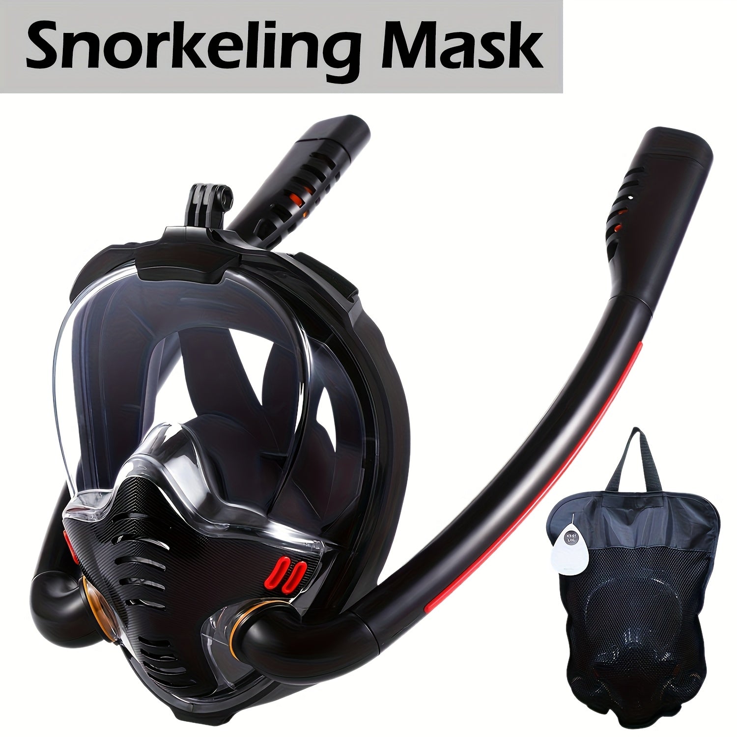BOKEFA Full Face Snorkel Mask with 180° Panoramic View, Dual Tubes, Camera Mount & Air Pump - Adult Swimming Gear, PC Material, Black (Cameras Not Included), Diving Gear
