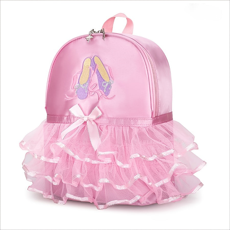 Chic Magenta Ballet Dance Backpack with Embroidered Shoes & Bow Detail - Lightweight, Foldable Nylon School Bag with Adjustable Straps, Zip Closure, and Laptop Compartment
