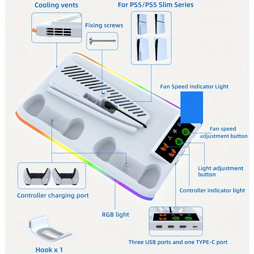 PS5/PS5 Slim Cooling Stand with RGB LED Controller Charger - 3-Level Fan System, Secure Console & Accessory Holder for PlayStation 5 Digital & Disc Editions