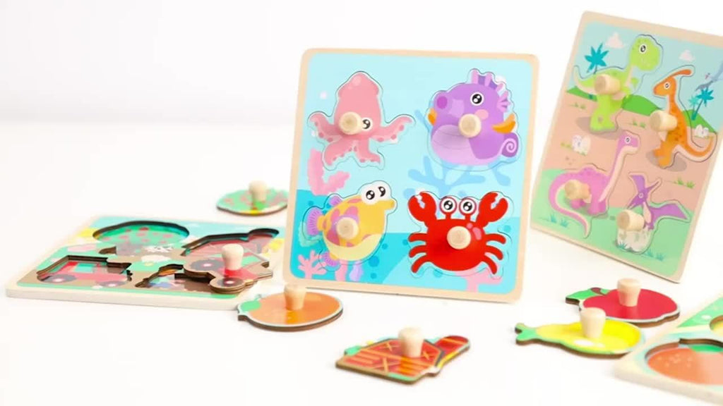 4pcs Wooden Toddler Puzzles, Funsland Peg Puzzles Gifts Toys, Animal Patterns Jigsaw with Handles, Infant Kid Fine Motor Skill Learning Educational Puzzles for 1 2 3 Years Old