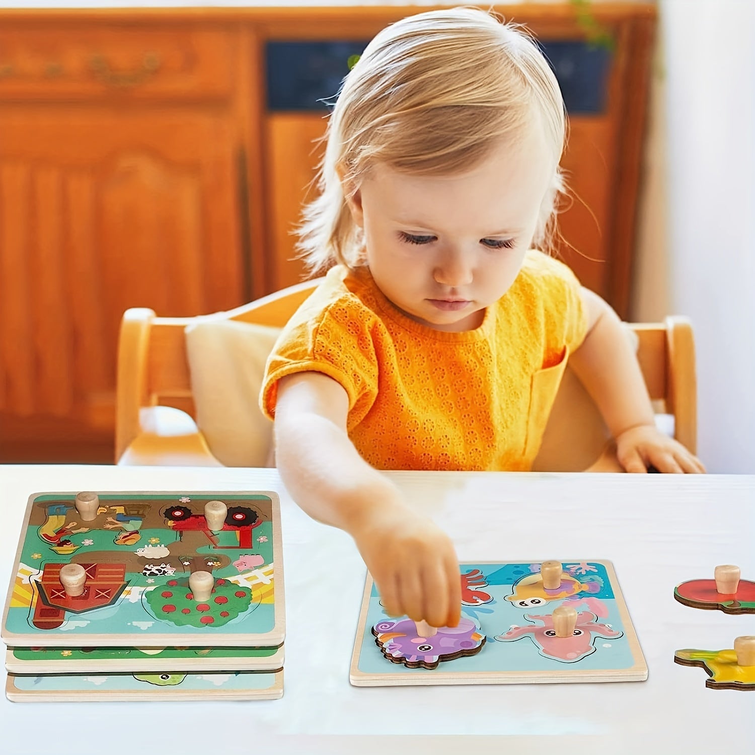 4pcs Wooden Toddler Puzzles, Funsland Peg Puzzles Gifts Toys, Animal Patterns Jigsaw with Handles, Infant Kid Fine Motor Skill Learning Educational Puzzles for 1 2 3 Years Old