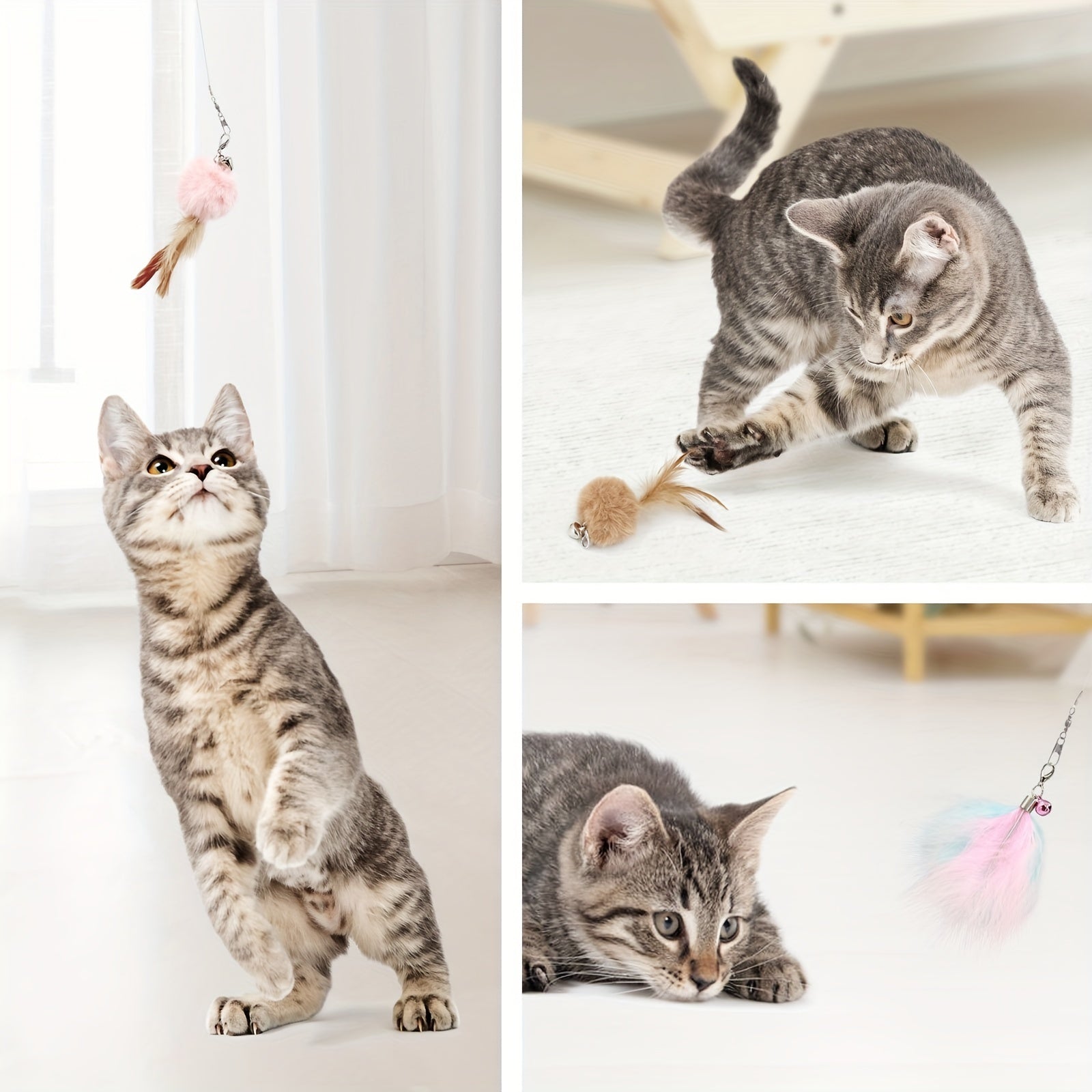 7pcs SONGWAY Cat Interactive Feather Toys Set - Retractable Cat Wand Toy, Cat Feather Toys With Bell, Replaceable Cat Feather Tail Toy - For Indoor Cats - For Kitten & Adult Cats -  Interactive Play & Exercise - Perfect Gift