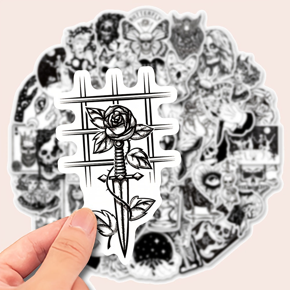50pcs Gothic Stickers, Black And White Stickers For Motorcycle, Laptop, Water Bottle, Waterproof Stickers, Mobile Phones, Computers, Suitcases, Car Cartoon Accessories, Halloween Gift Stickers